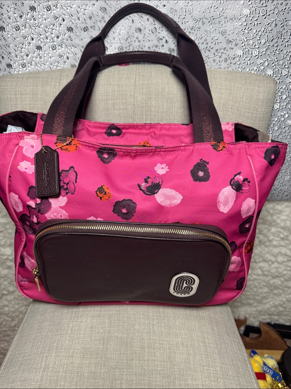 Coach Pink Floral Tote with Brown Front Pocket and Matching Logo Tumbler - Picture 2 of 10